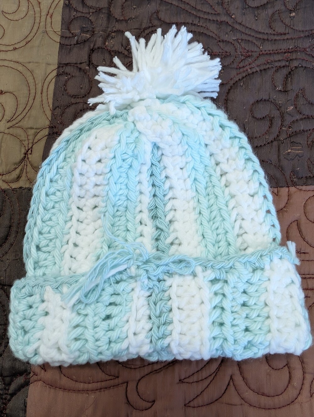 Handmade Kids Pom Beanie - White & Light Mint